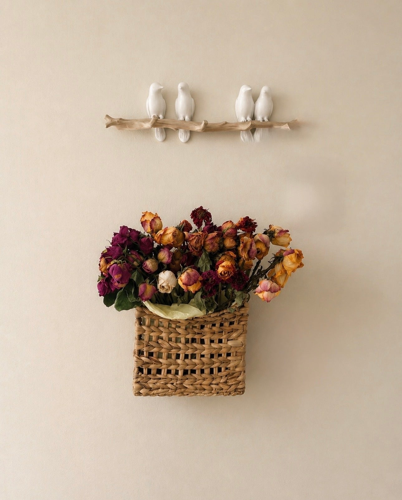 Woven Wall basket with Dried Flowers/ Rustic Farmhouse Wall Decor/ Handmade Hanging Floral Basket