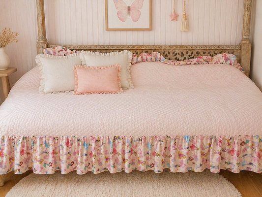 Princess Ruffle Bedspread Girls Bedding Set Handmade Soft Pink Comforter with Skirt Twin Bed