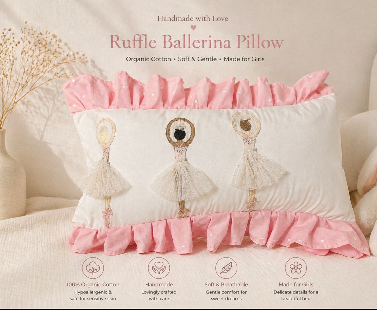 Handmade Organic Cotton Ballerina Pillow/ Ruffle Accent Decorative Cushion for Girls Room