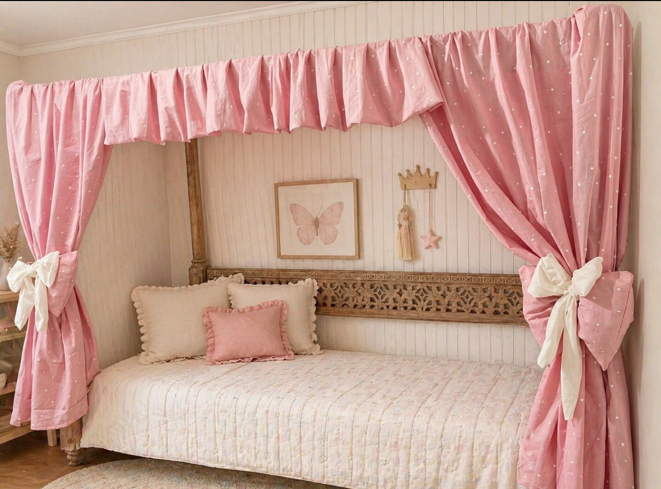 Princess canopy Bed Awning Handmade Pink Ruffle Draping Girls Bedroom DEcor