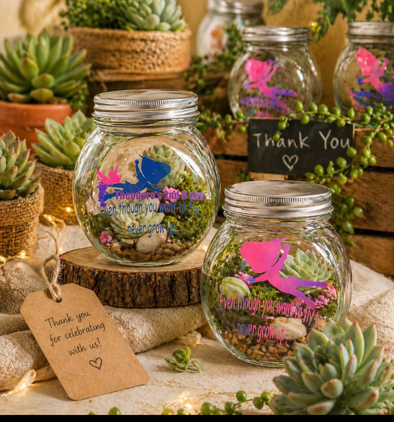 Personalized Fairy Terrarium Jar Party Favors/ Succulent Favor jars/ Birthday Thank you Gifts/ Custom Kids Party Favors